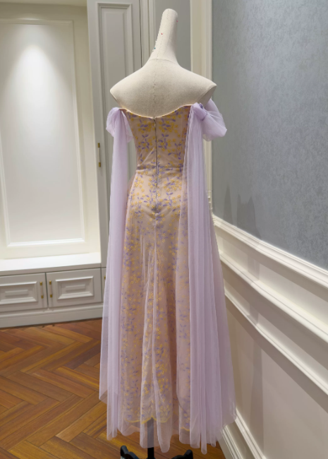 Chic Off-shoulder Sheath Long Evening Dress Tulle Light Purple Prom Dress DP06085