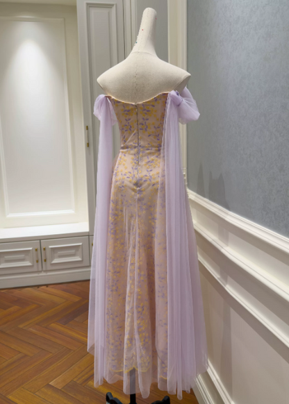 Chic Off-shoulder Sheath Long Evening Dress Tulle Light Purple Prom Dress DP06085