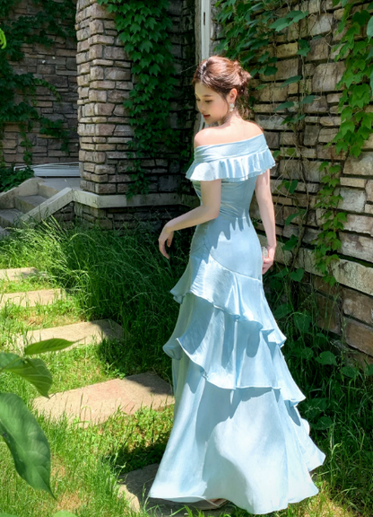 Chic Off-shoulder Sheath Long Evening Dress Ruffles Satin Blue Prom Dress  DP06086