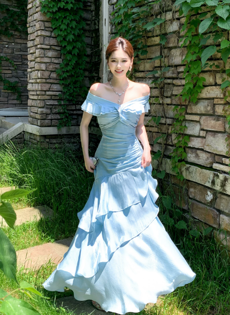 Chic Off-shoulder Sheath Long Evening Dress Ruffles Satin Blue Prom Dress  DP06086