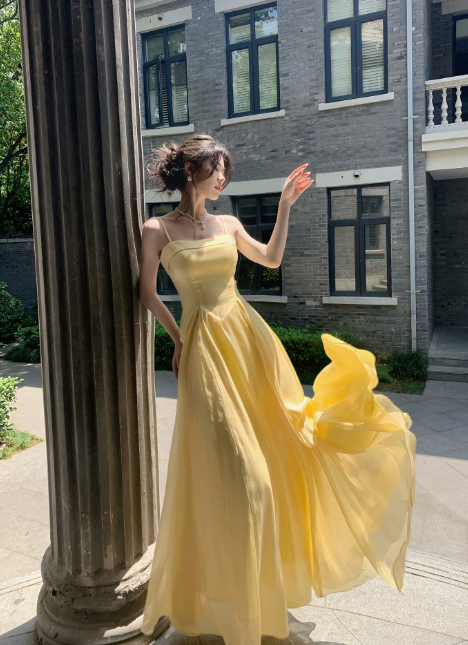 Chic Spaghetti Straps A-Line Long Evening Dress Chiffon Yellow Prom Dress  DP06087
