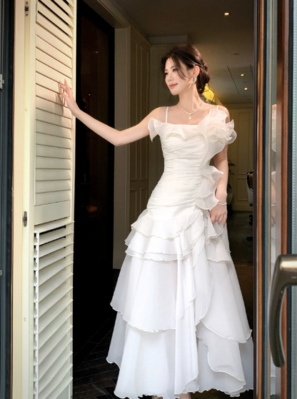 Cute Spaghetti Straps A-Line Long Evening Dress Chiffon White Prom Dress  DP06088