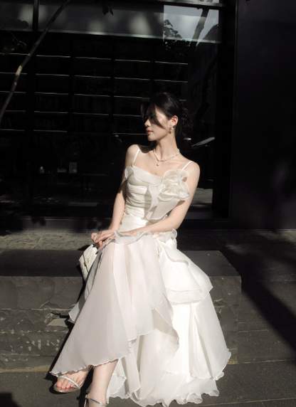 Cute Spaghetti Straps A-Line Long Evening Dress Chiffon White Prom Dress  DP06088