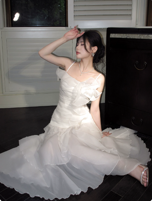 Cute Spaghetti Straps A-Line Long Evening Dress Chiffon White Prom Dress  DP06088
