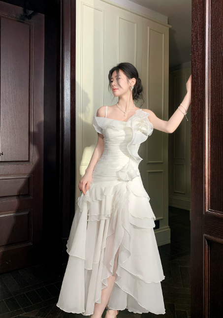 Cute Spaghetti Straps A-Line Long Evening Dress Chiffon White Prom Dress  DP06088