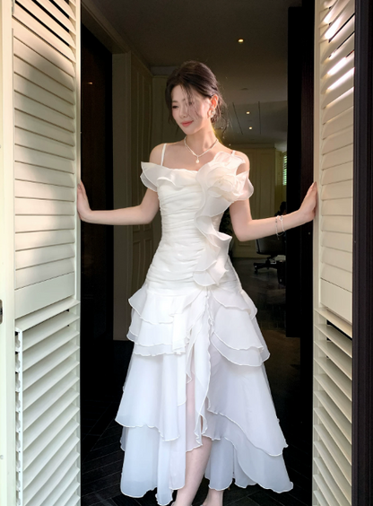 Cute Spaghetti Straps A-Line Long Evening Dress Chiffon White Prom Dress  DP06088