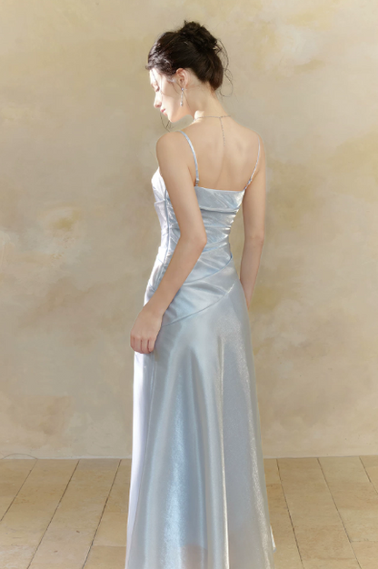 Cute Spaghetti Straps Sheath Long Evening Dress Chiffon Blue Prom Dress  DP06089