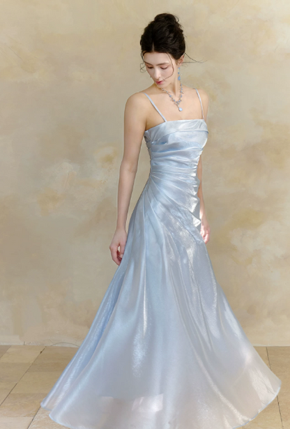 Cute Spaghetti Straps Sheath Long Evening Dress Chiffon Blue Prom Dress  DP06089