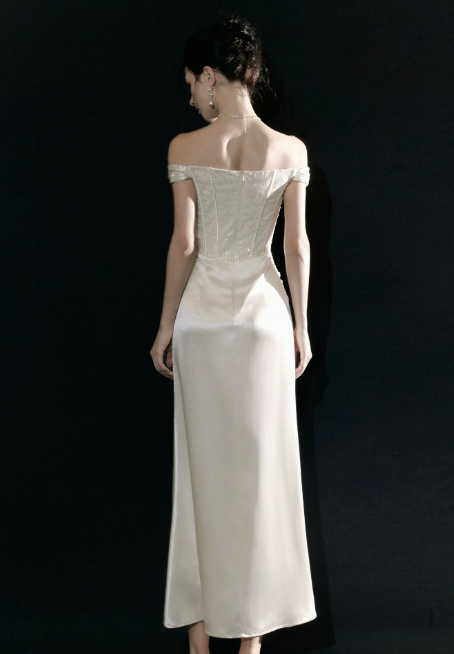 Cute Off-shoulder Sheath Long Evening Dress Satin White Prom Dress DP06090