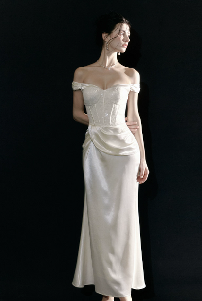 Cute Off-shoulder Sheath Long Evening Dress Satin White Prom Dress DP06090