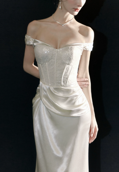 Cute Off-shoulder Sheath Long Evening Dress Satin White Prom Dress DP06090