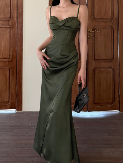 Cute Spaghetti Straps Sheath Long Evening Dress Satin Green Prom Dress DP06091