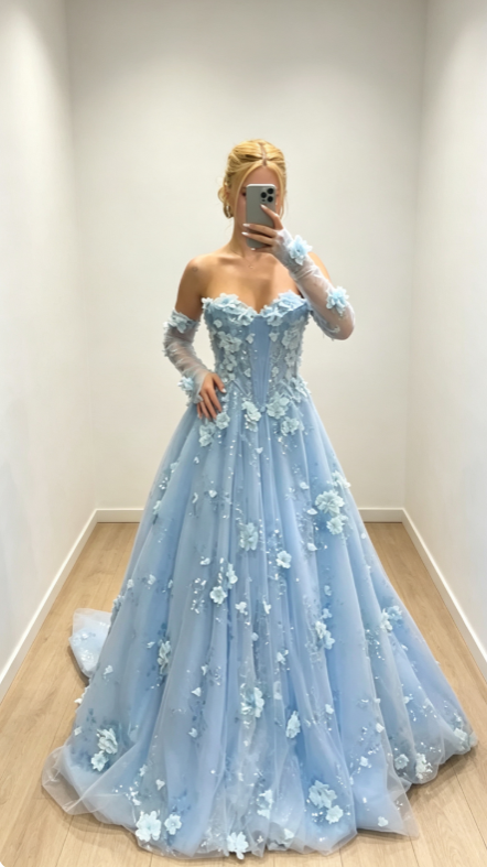Fairy Sweetheart A-Line Applique Long Evening Dress Tulle Blue Prom Dress DP06092