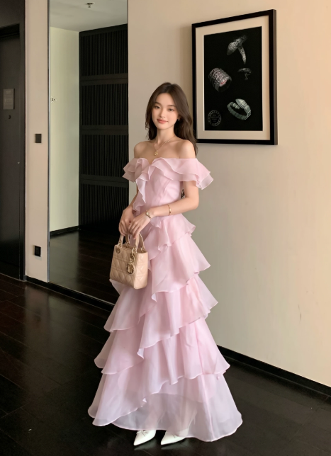 Fairy Sweetheart A-Line Long Evening Dress Chiffon Pink Prom Dress DP06093