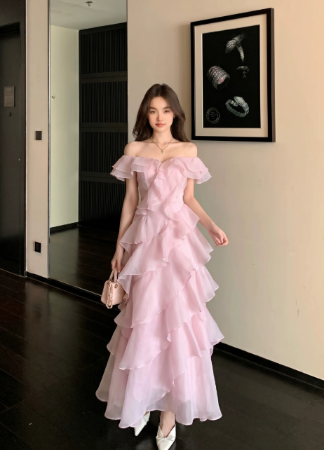 Fairy Sweetheart A-Line Long Evening Dress Chiffon Pink Prom Dress DP06093