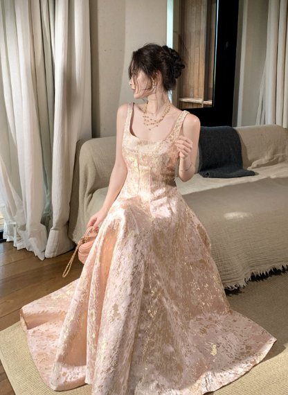 Fairy Straps A-Line Long Evening Dress Satin Pink Prom Dress  DP06094