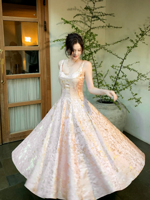 Fairy Straps A-Line Long Evening Dress Satin Pink Prom Dress  DP06094