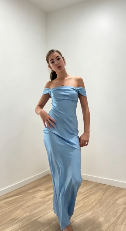 Fairy Off-shoulder Sheath Long Evening Dress Satin Blue Prom Dress DP06096