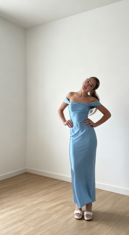 Fairy Off-shoulder Sheath Long Evening Dress Satin Blue Prom Dress DP06096
