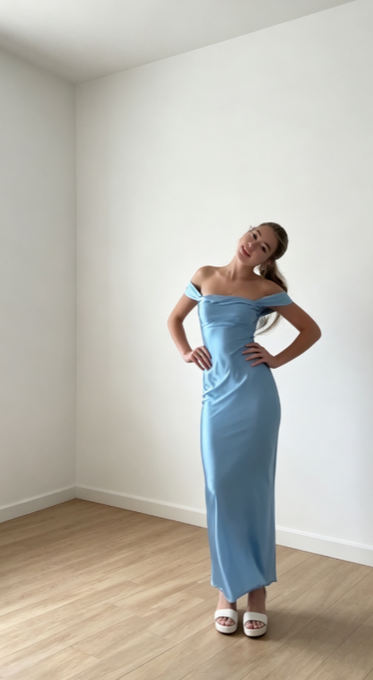 Fairy Off-shoulder Sheath Long Evening Dress Satin Blue Prom Dress DP06096