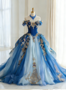 Gorgeous Off-shoulder Ball Gown Quicneanera Dress Tulle Appliques Blue Sweet 16 Dress DP06097