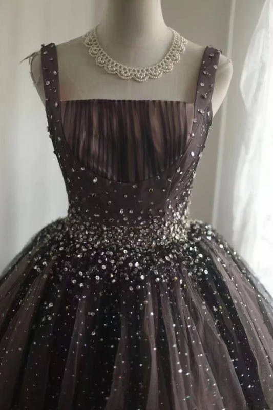 Gorgeous Straps  Ball Gown Quicneanera Dress Tulle Appliques Brown Sweet 16 Dress DP06100