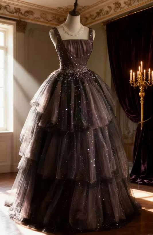 Gorgeous Straps  Ball Gown Quicneanera Dress Tulle Appliques Brown Sweet 16 Dress DP06100