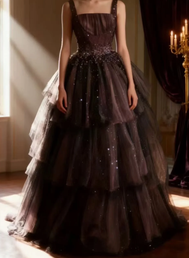 Gorgeous Straps  Ball Gown Quicneanera Dress Tulle Appliques Brown Sweet 16 Dress DP06100