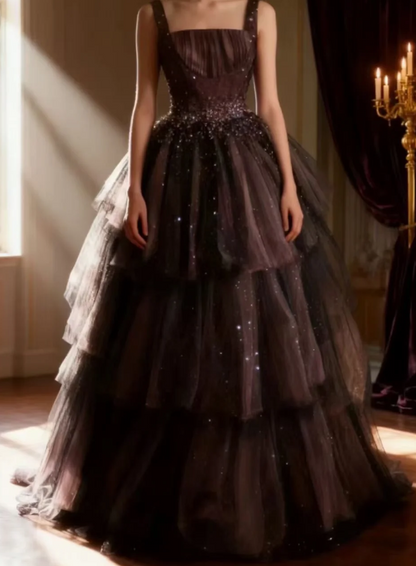 Gorgeous Straps  Ball Gown Quicneanera Dress Tulle Appliques Brown Sweet 16 Dress DP06100
