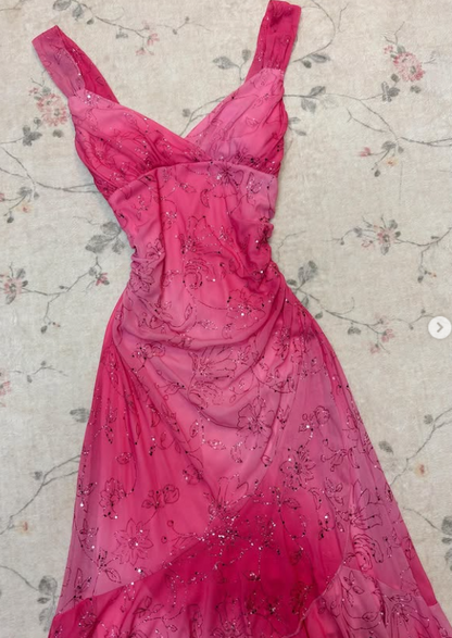Glam V-neck Sheath Chiffon Long Evening Dress Pink Prom Dress DP06101