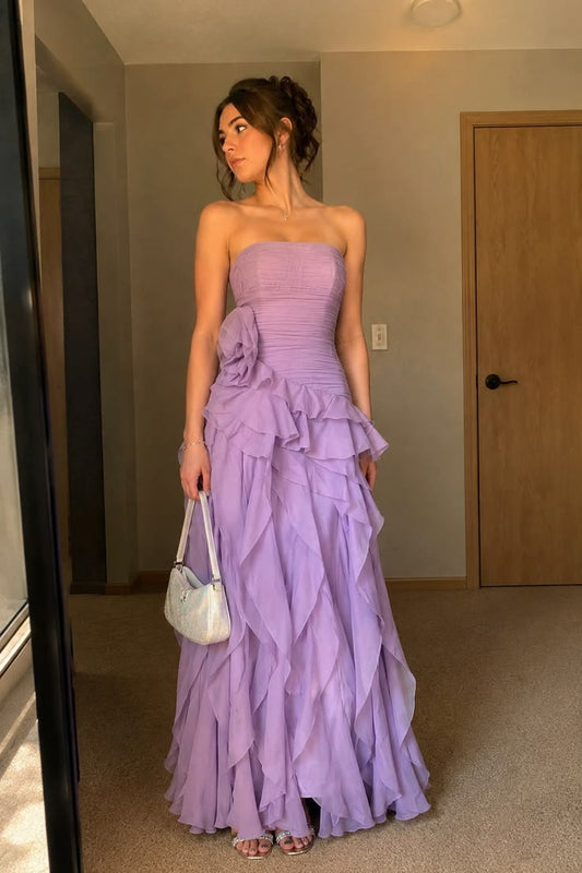 Glam Strapless Sheath Chiffon Long Evening Dress Purple Prom Dress DP06102