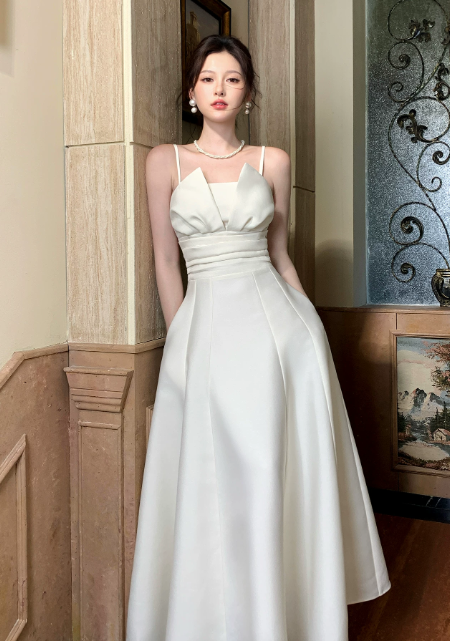 Glam Spaghetti Straps A-Line Satin Long Evening Dress White Prom Dress DP06105