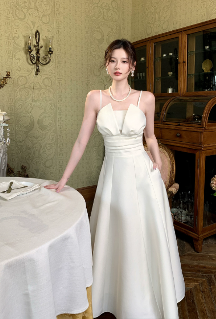 Glam Spaghetti Straps A-Line Satin Long Evening Dress White Prom Dress DP06105