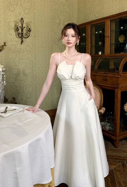 Glam Spaghetti Straps A-Line Satin Long Evening Dress White Prom Dress DP06105