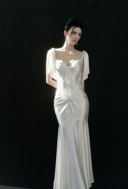 Glam Spaghetti Straps Mermaid Satin Long Evening Dress White Prom Dress DP06106