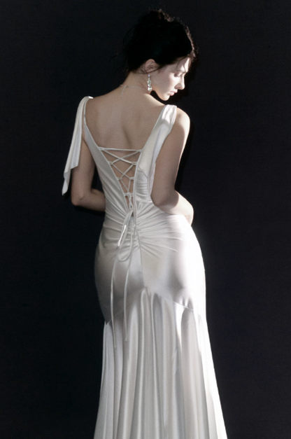 Glam Spaghetti Straps Mermaid Satin Long Evening Dress White Prom Dress DP06106