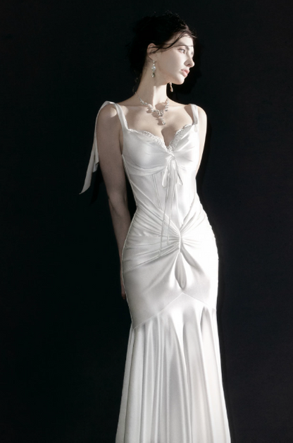 Glam Spaghetti Straps Mermaid Satin Long Evening Dress White Prom Dress DP06106