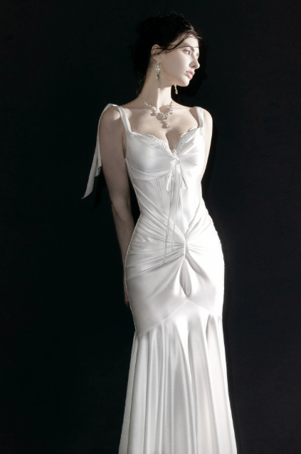 Glam Spaghetti Straps Mermaid Satin Long Evening Dress White Prom Dress DP06106