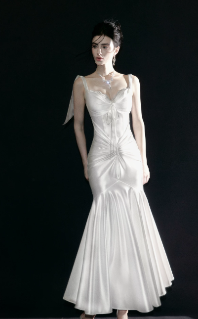 Glam Spaghetti Straps Mermaid Satin Long Evening Dress White Prom Dress DP06106