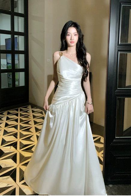 Glam One-shoulder Sheath Satin Long Evening Dress White Prom Dress DP06107