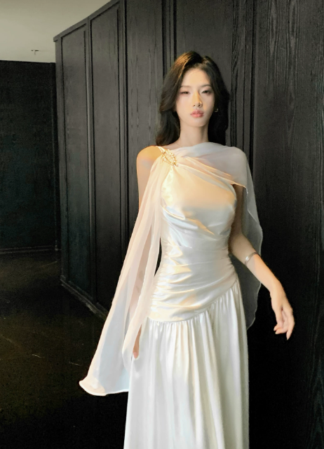 Glam One-shoulder Sheath Satin Long Evening Dress White Prom Dress DP06107