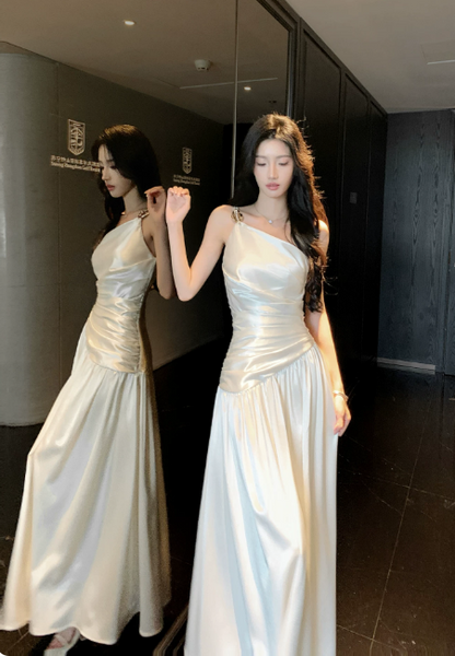Glam One-shoulder Sheath Satin Long Evening Dress White Prom Dress DP06107