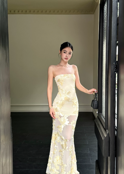 Glam Strapless Sheath Chiffon Long Evening Dress Yellow Prom Dress DP06108