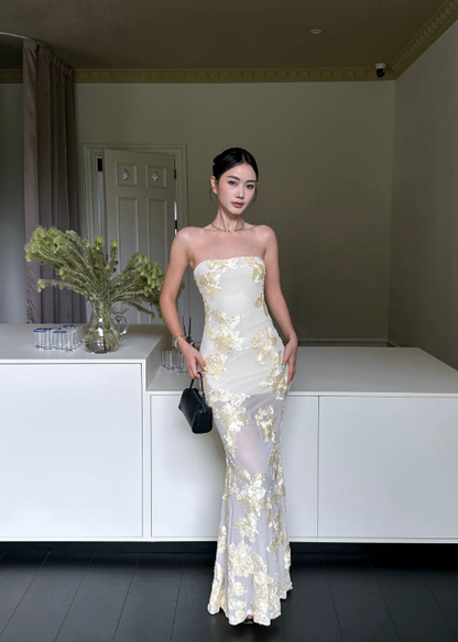 Glam Strapless Sheath Chiffon Long Evening Dress Yellow Prom Dress DP06108