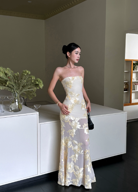 Glam Strapless Sheath Chiffon Long Evening Dress Yellow Prom Dress DP06108