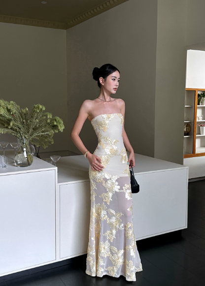Glam Strapless Sheath Chiffon Long Evening Dress Yellow Prom Dress DP06108