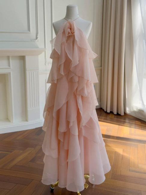 Glam Halter Sheath Chiffon Long Evening Dress Pink Prom Dress DP06110