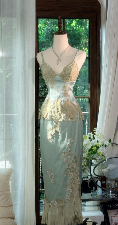 Chic Straps Sheath Satin Long Evening Dress Green  Prom Dress DP06111