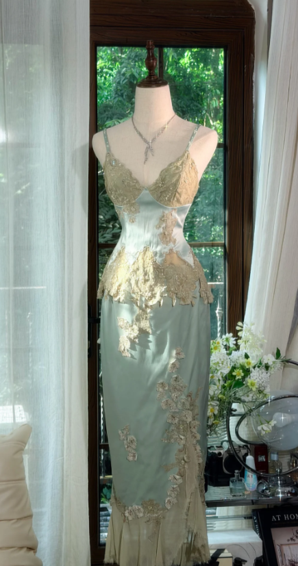 Chic Straps Sheath Satin Long Evening Dress Green  Prom Dress DP06111
