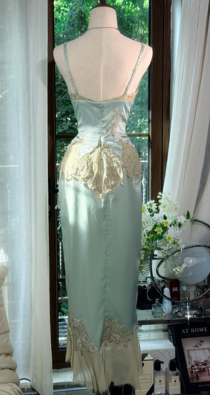 Chic Straps Sheath Satin Long Evening Dress Green  Prom Dress DP06111